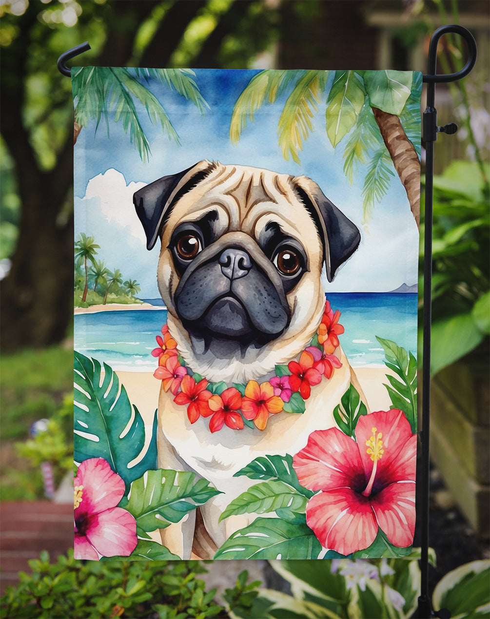 Pug Luau Garden Flag