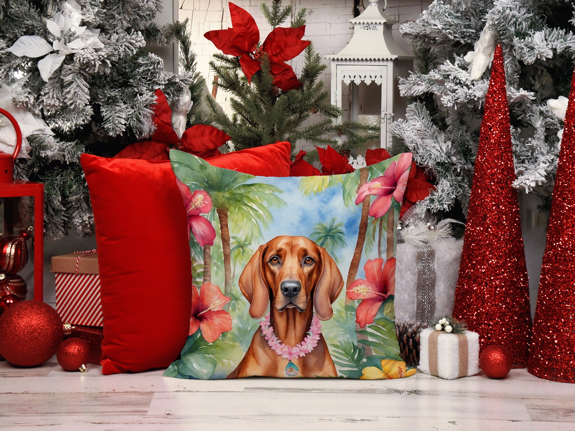 Redbone Coonhound Luau Throw Pillow