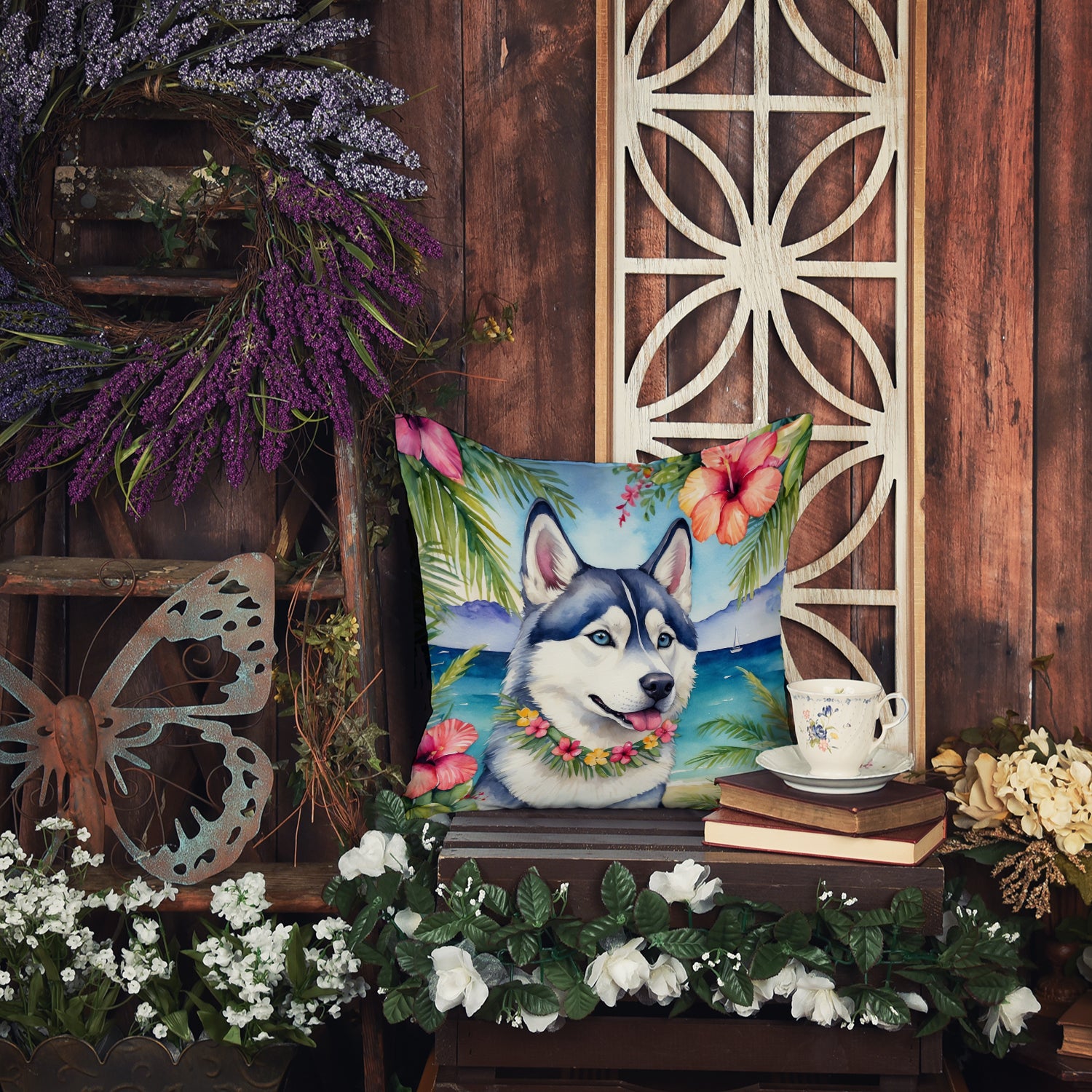 Siberian Husky Luau Throw Pillow