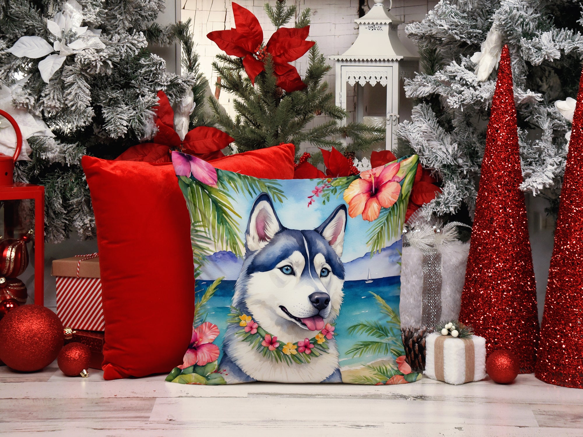 Siberian Husky Luau Throw Pillow