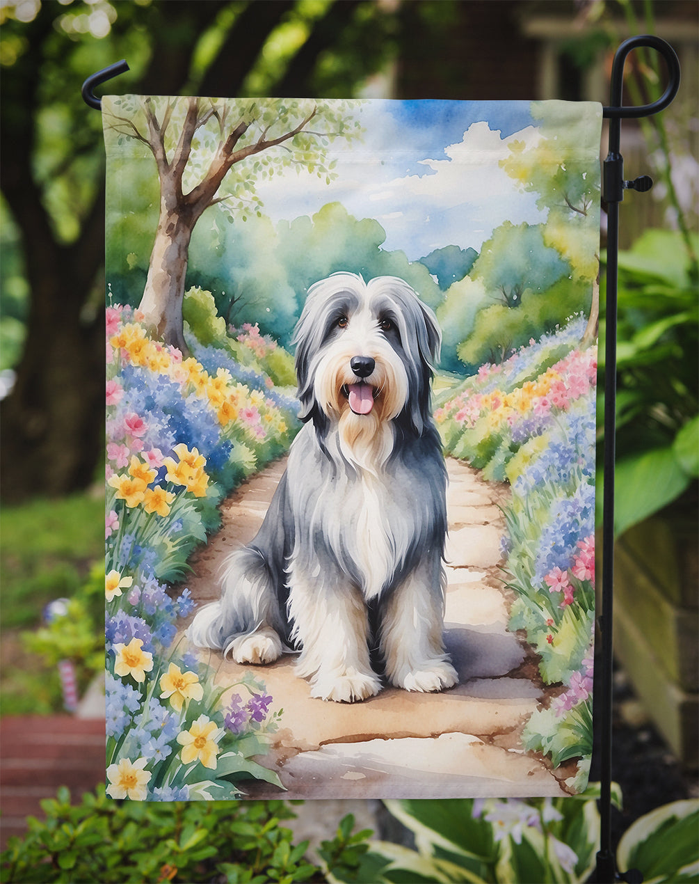 Bearded Collie Spring Path Garden Flag