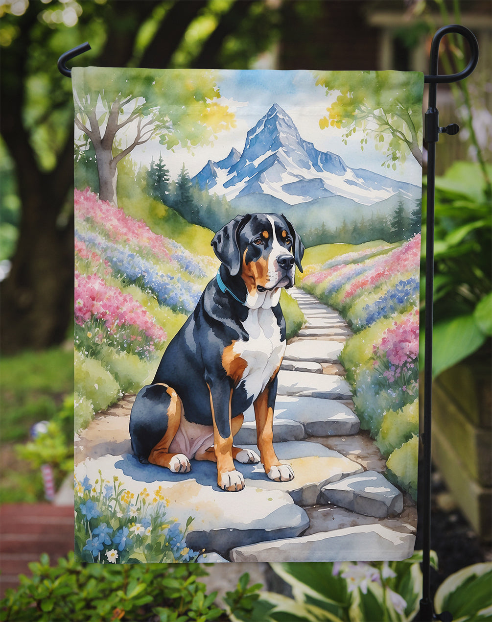 Greater Swiss Mountain Dog Spring Path Garden Flag