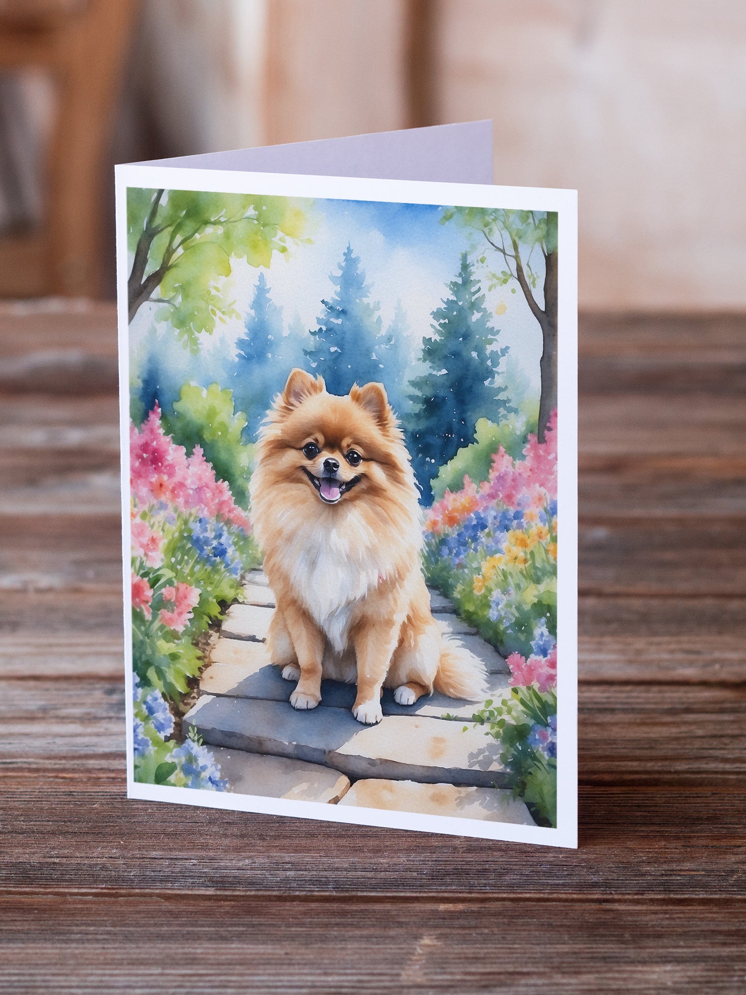 Pomeranian Spring Path Greeting Cards Pack of 8