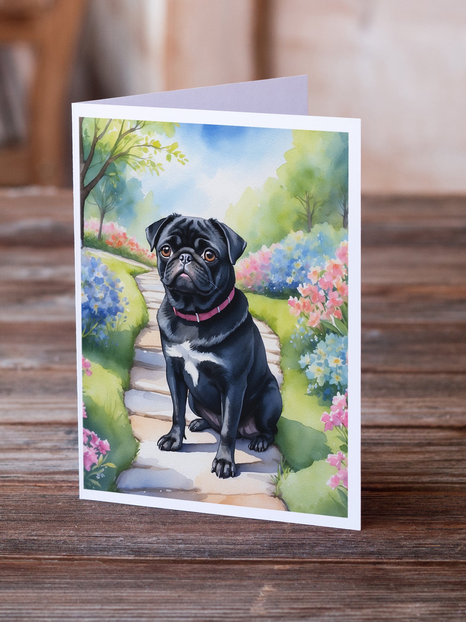 Buy this Black Pug Spring Path Greeting Cards Pack of 8