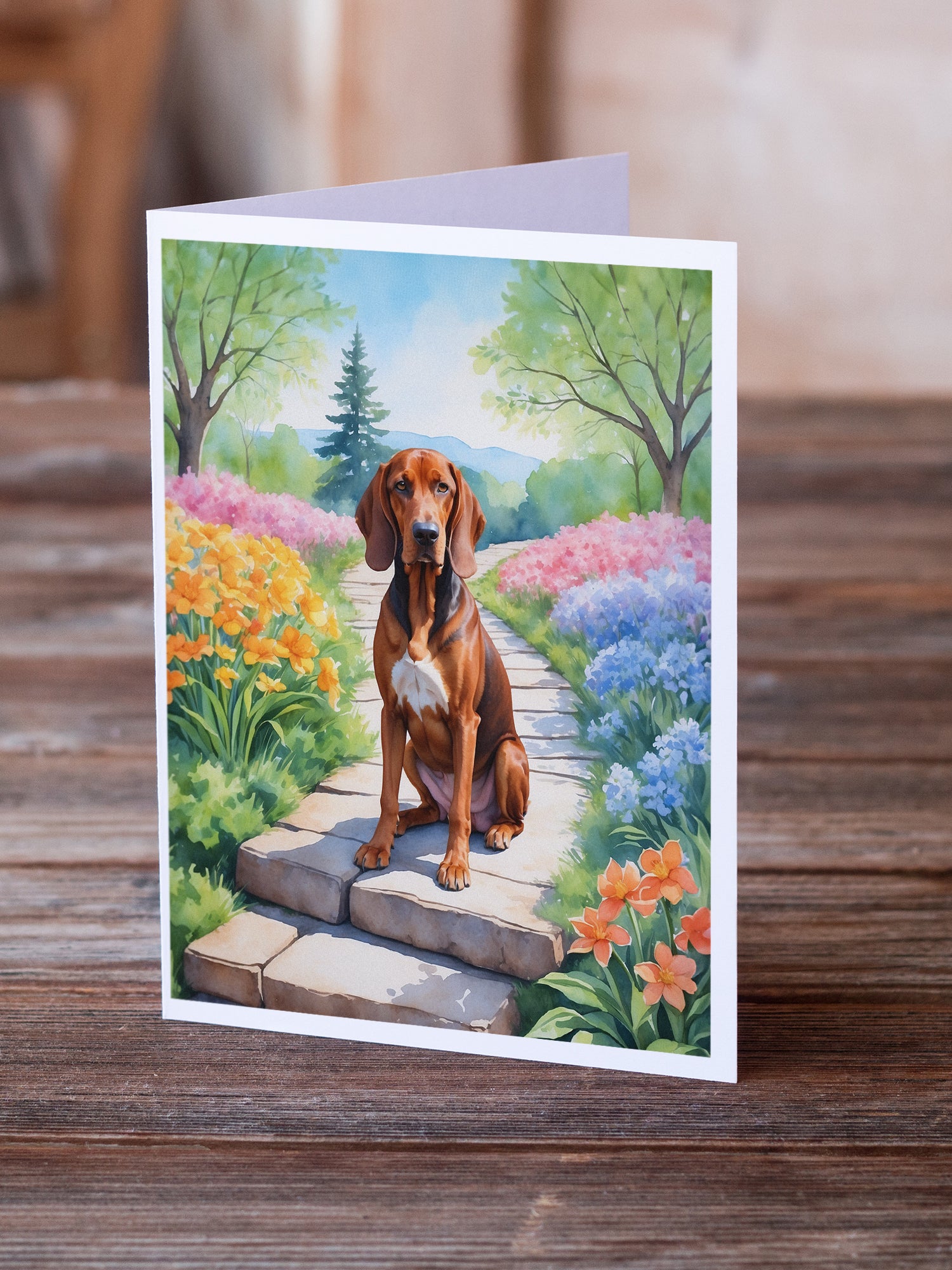 Redbone Coonhound Spring Path Greeting Cards Pack of 8