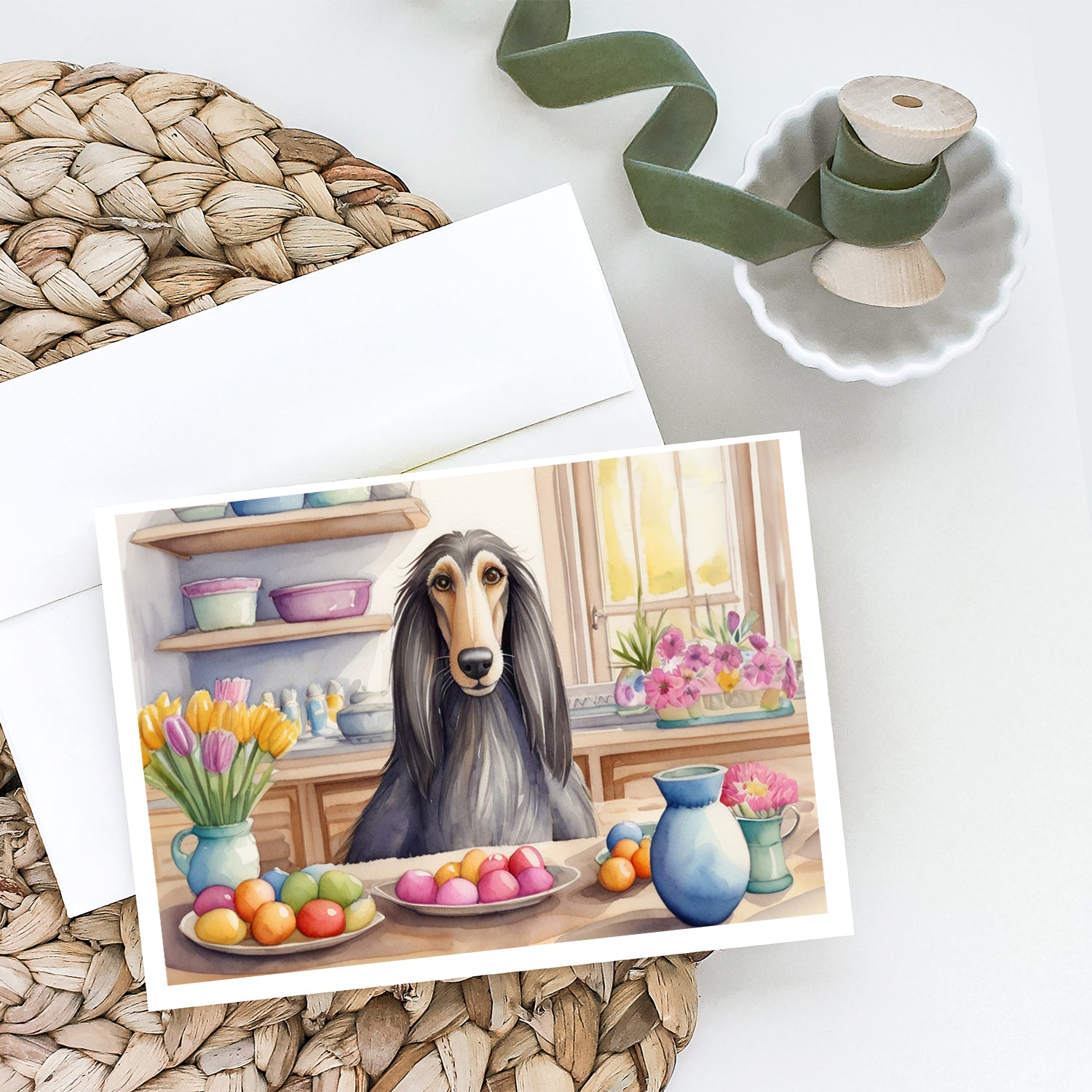 Buy this Decorating Easter Afghan Hound Greeting Cards Pack of 8