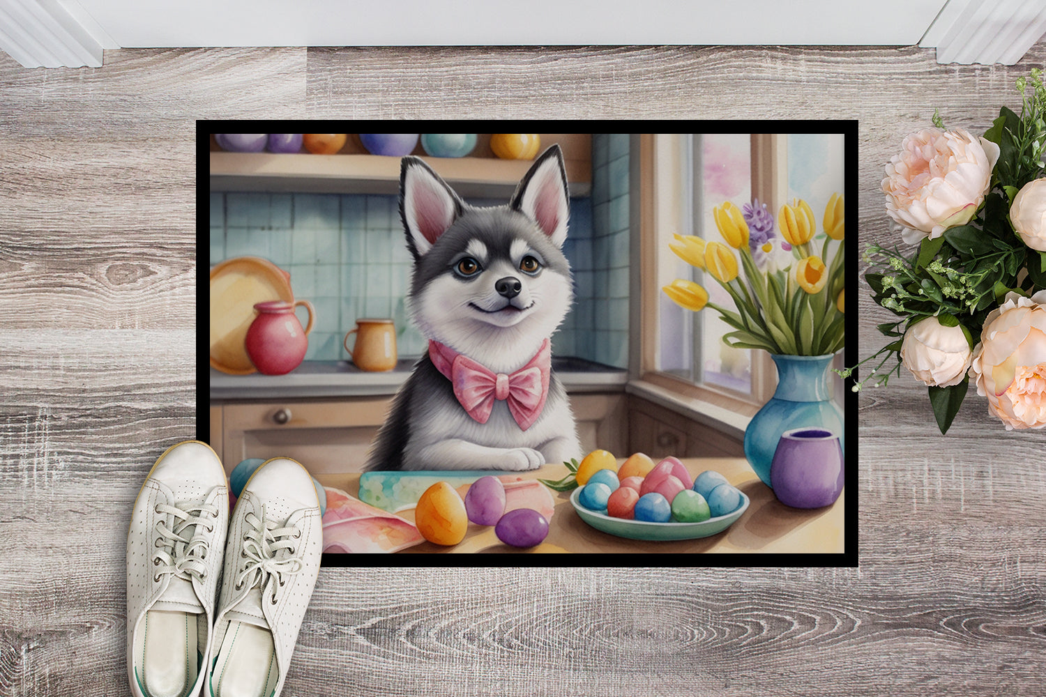 Decorating Easter Alaskan Klee Kai Doormat