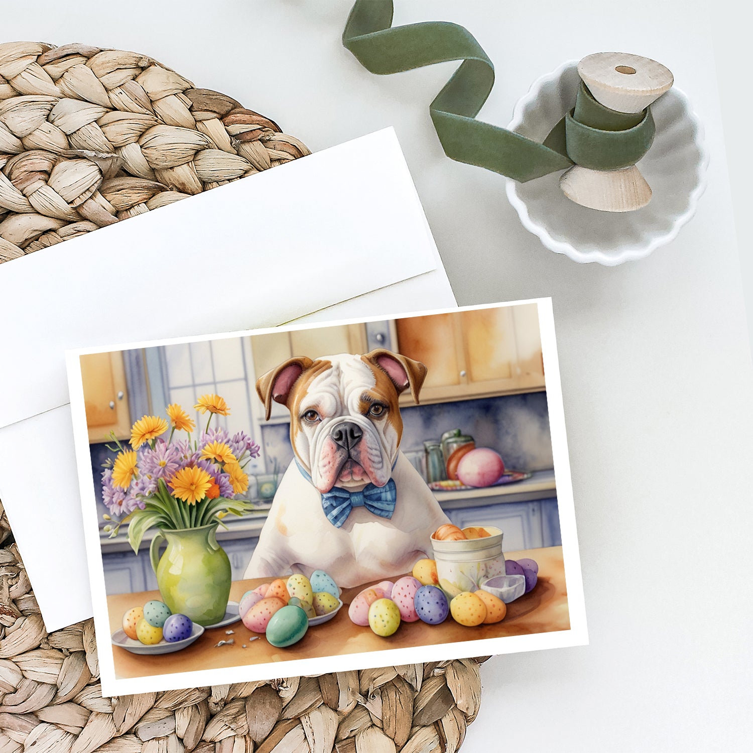 Buy this Decorating Easter American Bulldog Greeting Cards Pack of 8