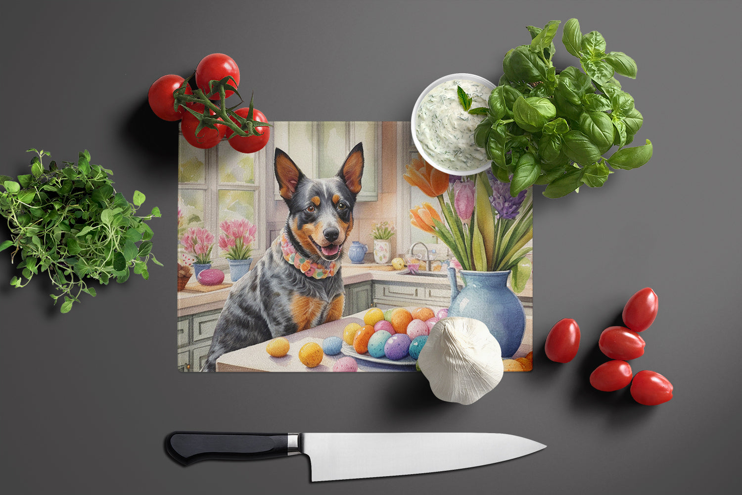 Decorating Easter Australian Cattle Dog Glass Cutting Board