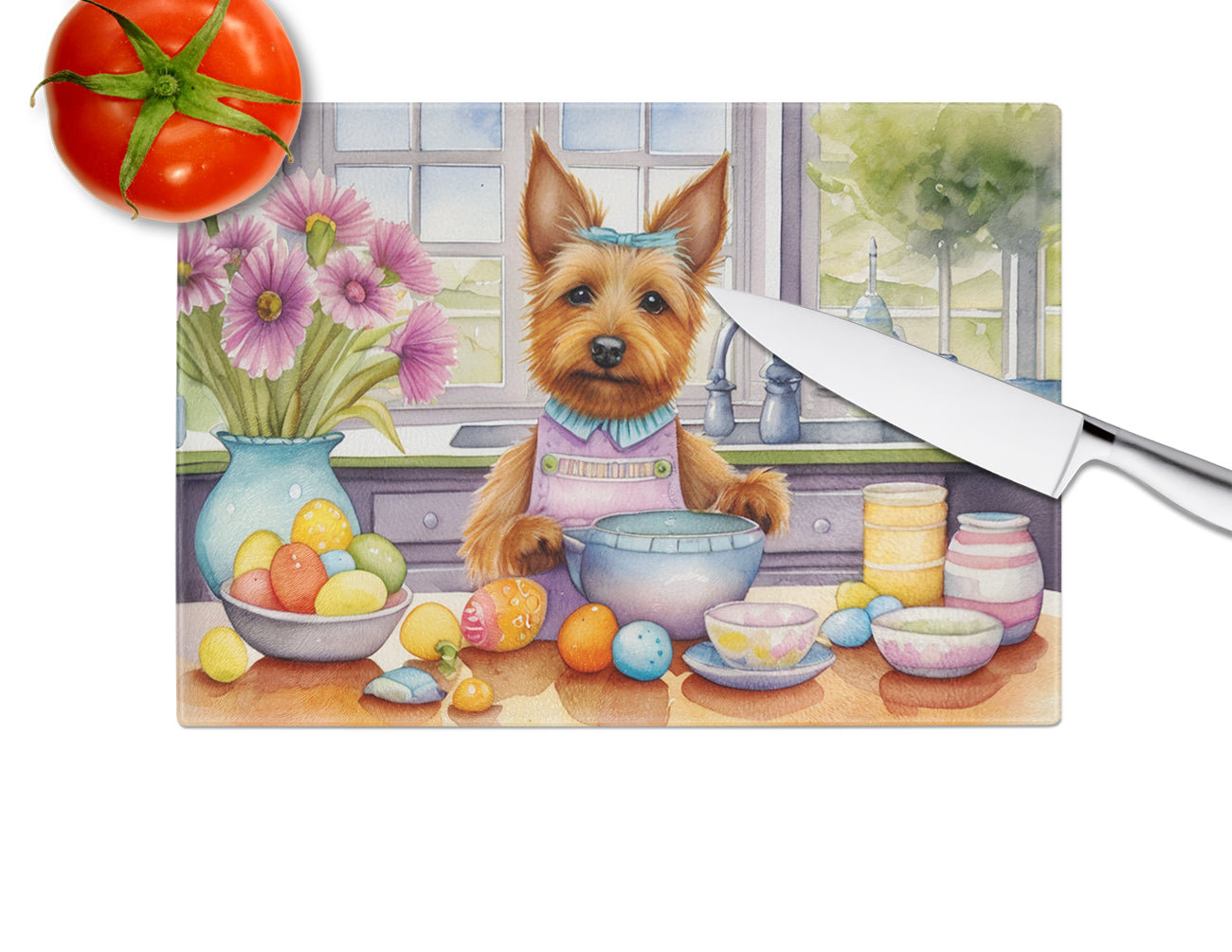 Decorating Easter Australian Terrier Glass Cutting Board