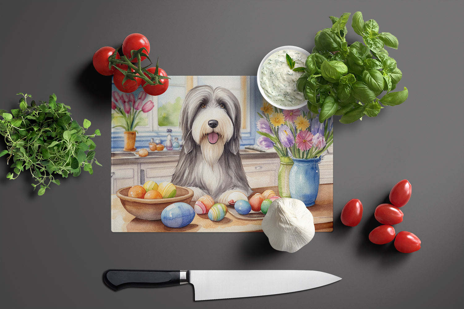 Decorating Easter Bearded Collie Glass Cutting Board