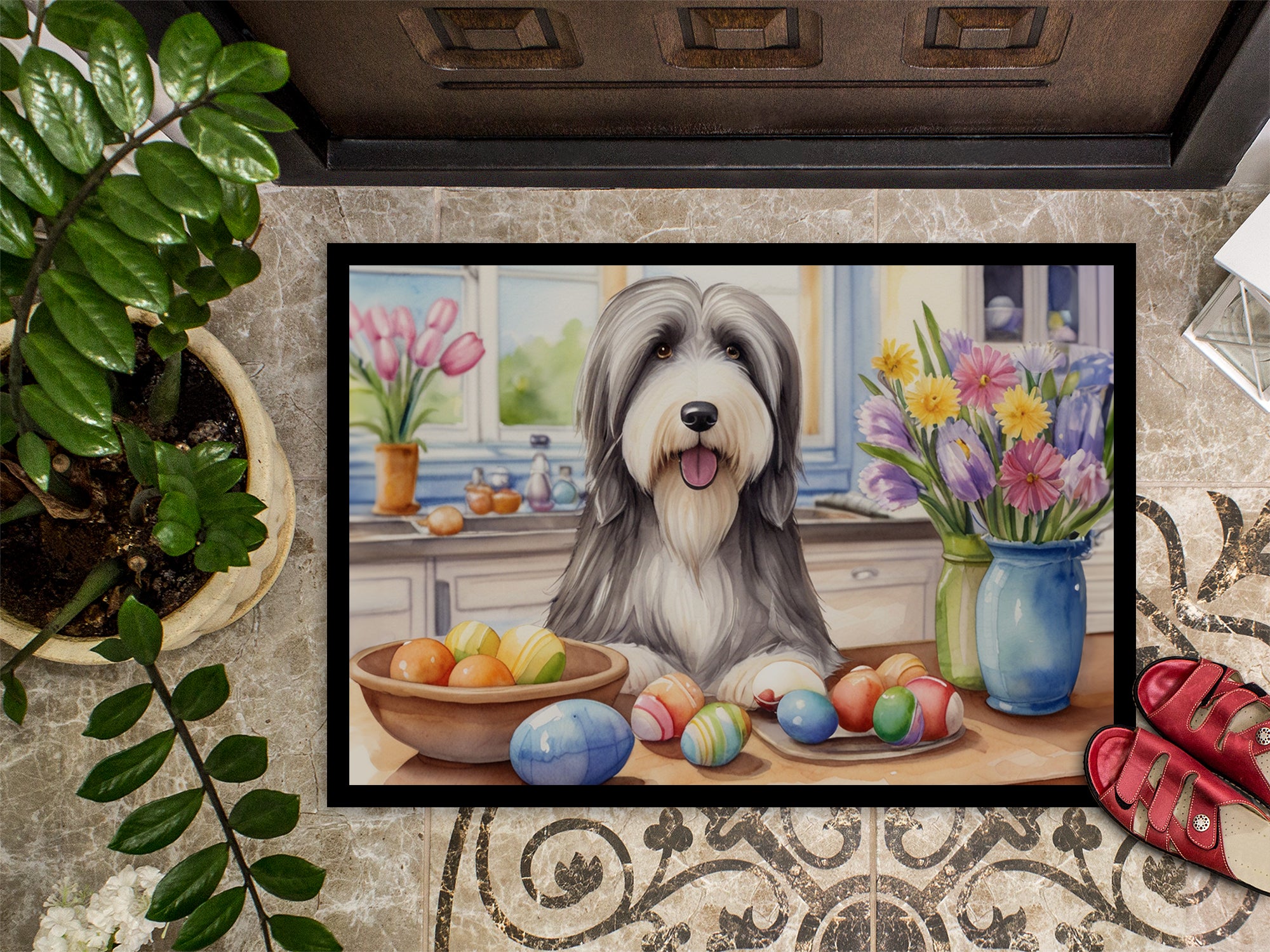 Decorating Easter Bearded Collie Doormat