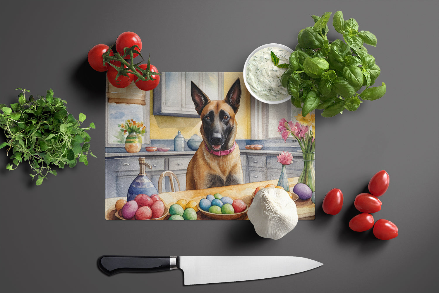 Decorating Easter Belgian Malinois Glass Cutting Board