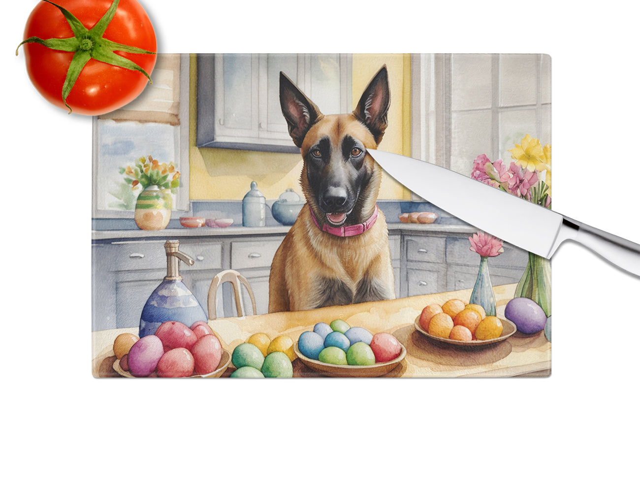 Decorating Easter Belgian Malinois Glass Cutting Board