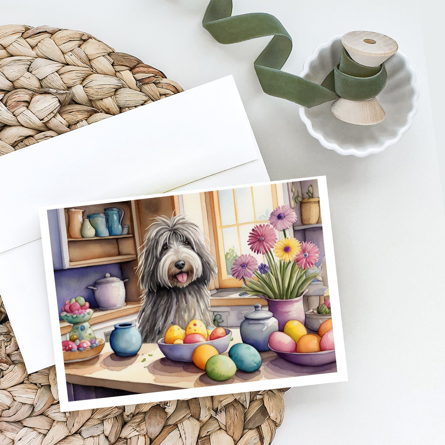 Buy this Decorating Easter Bergamasco Sheepdog Greeting Cards Pack of 8