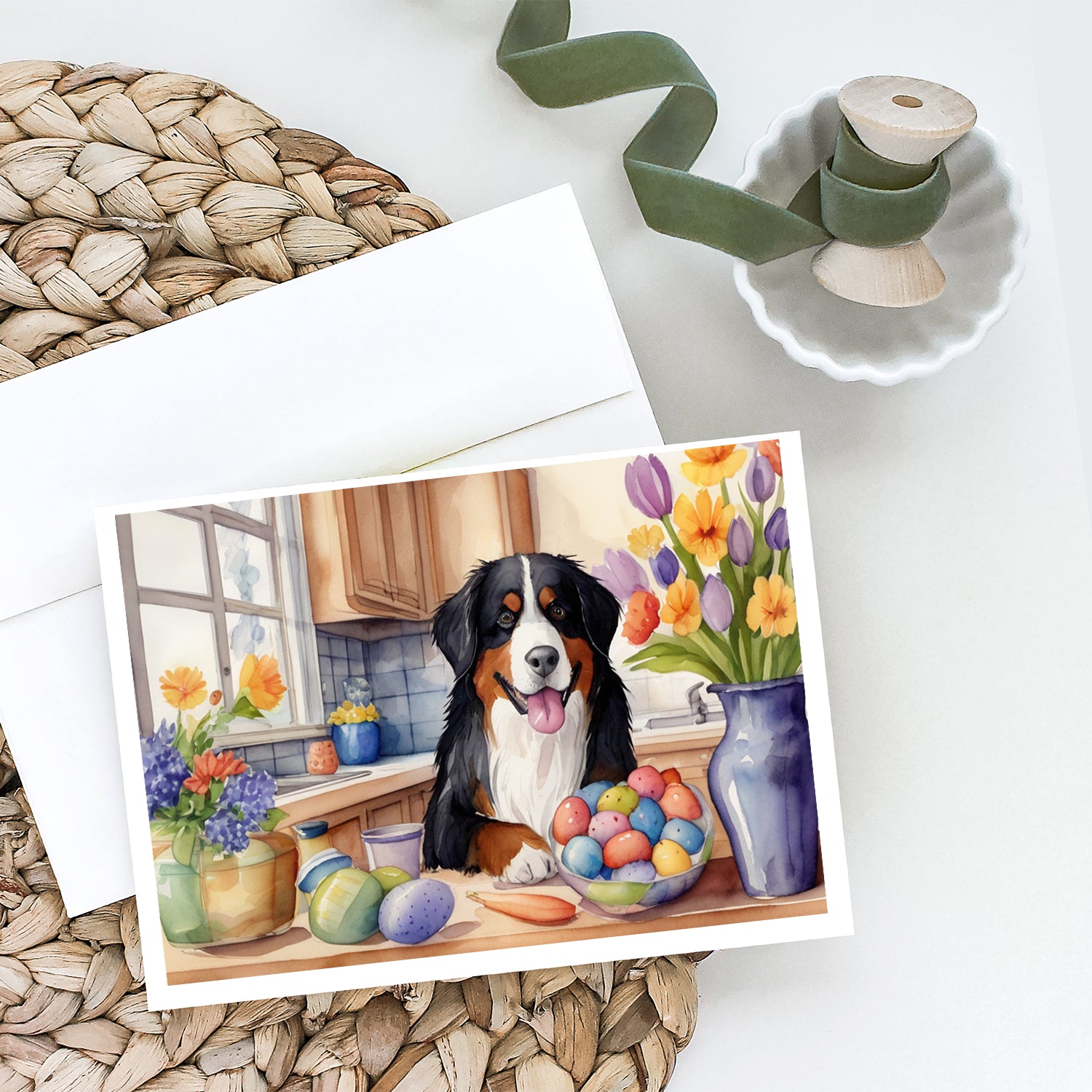 Buy this Decorating Easter Bernese Mountain Dog Greeting Cards Pack of 8