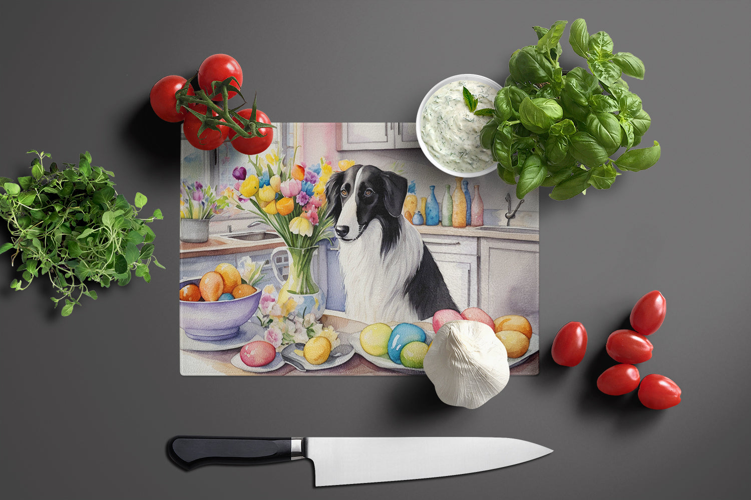 Decorating Easter Borzoi Glass Cutting Board