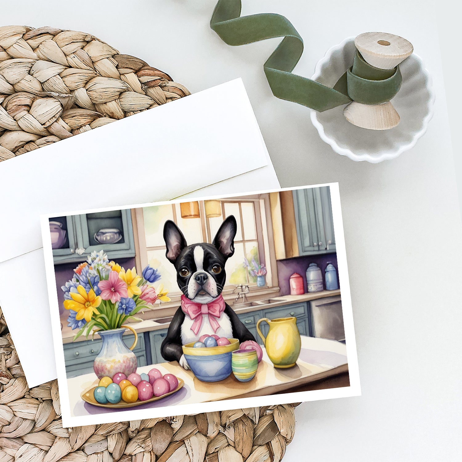 Decorating Easter Boston Terrier Greeting Cards Pack of 8