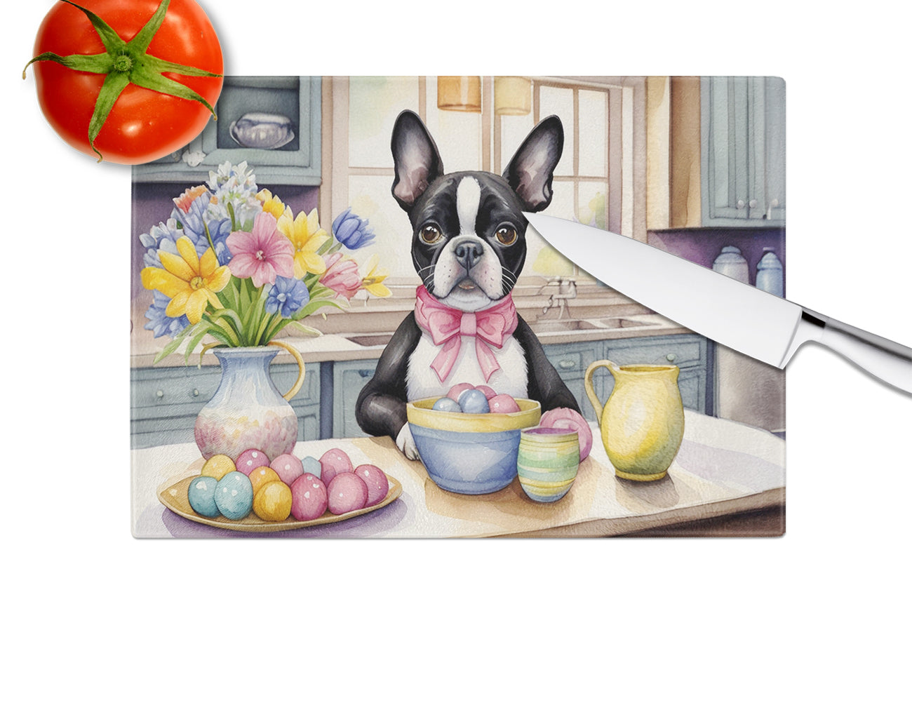 Decorating Easter Boston Terrier Glass Cutting Board