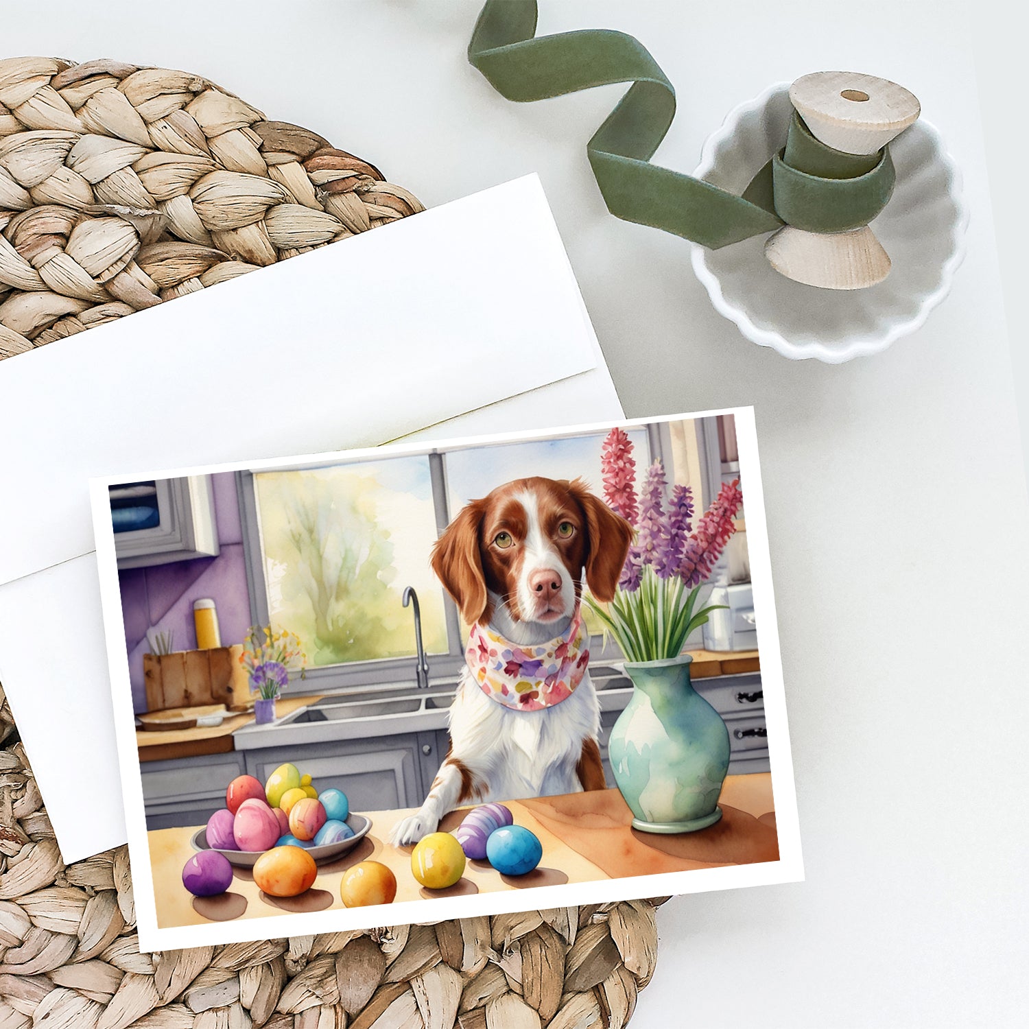 Buy this Decorating Easter Brittany Spaniel Greeting Cards Pack of 8