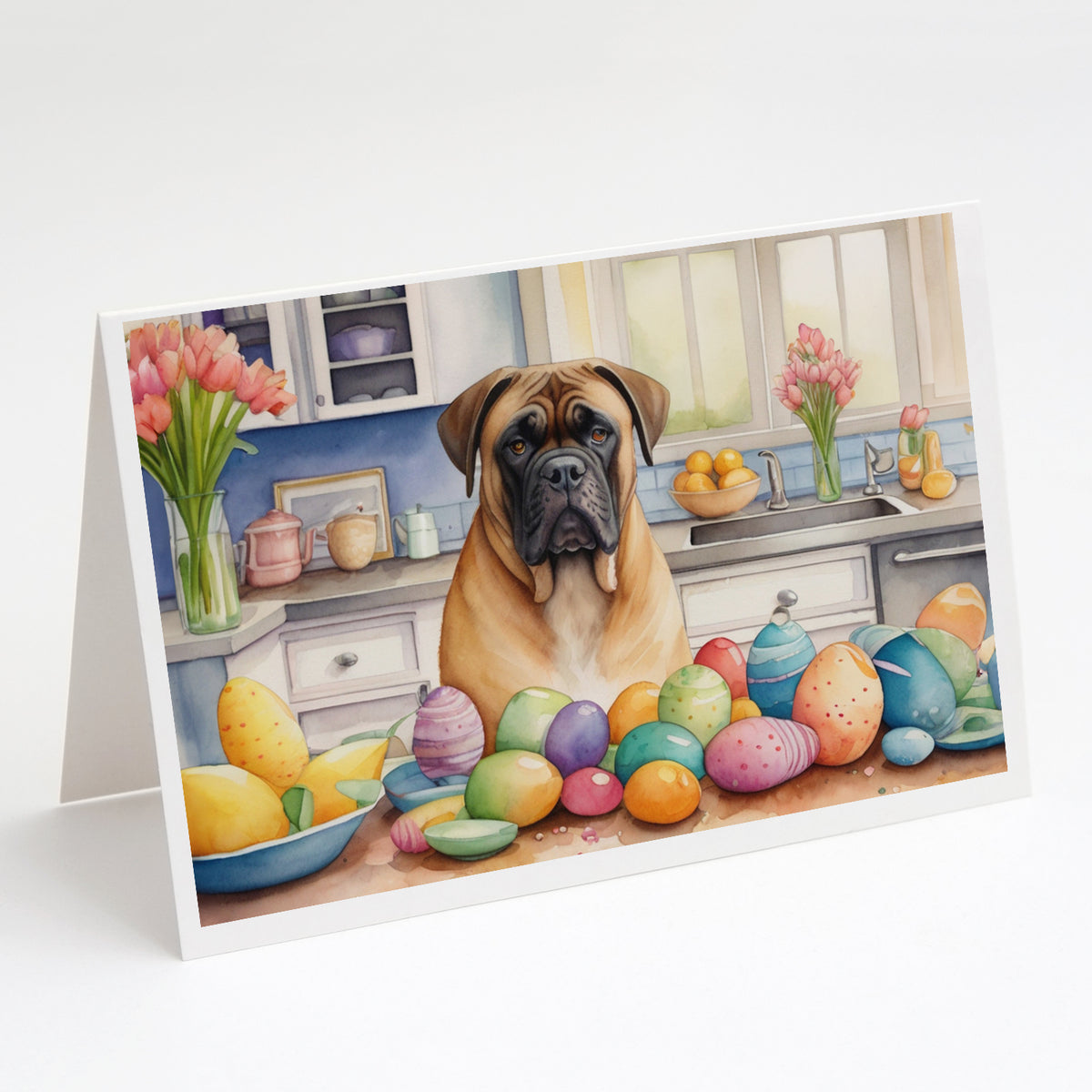 Buy this Decorating Easter Bullmastiff Greeting Cards Pack of 8