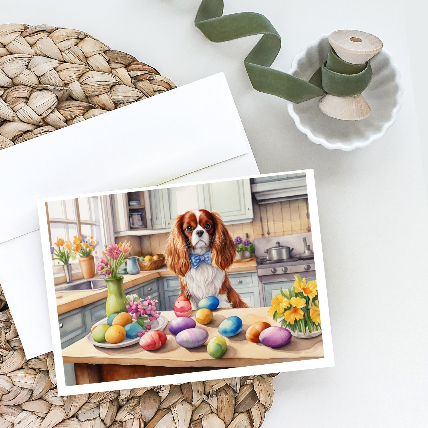 Buy this Decorating Easter Cavalier Spaniel Greeting Cards Pack of 8