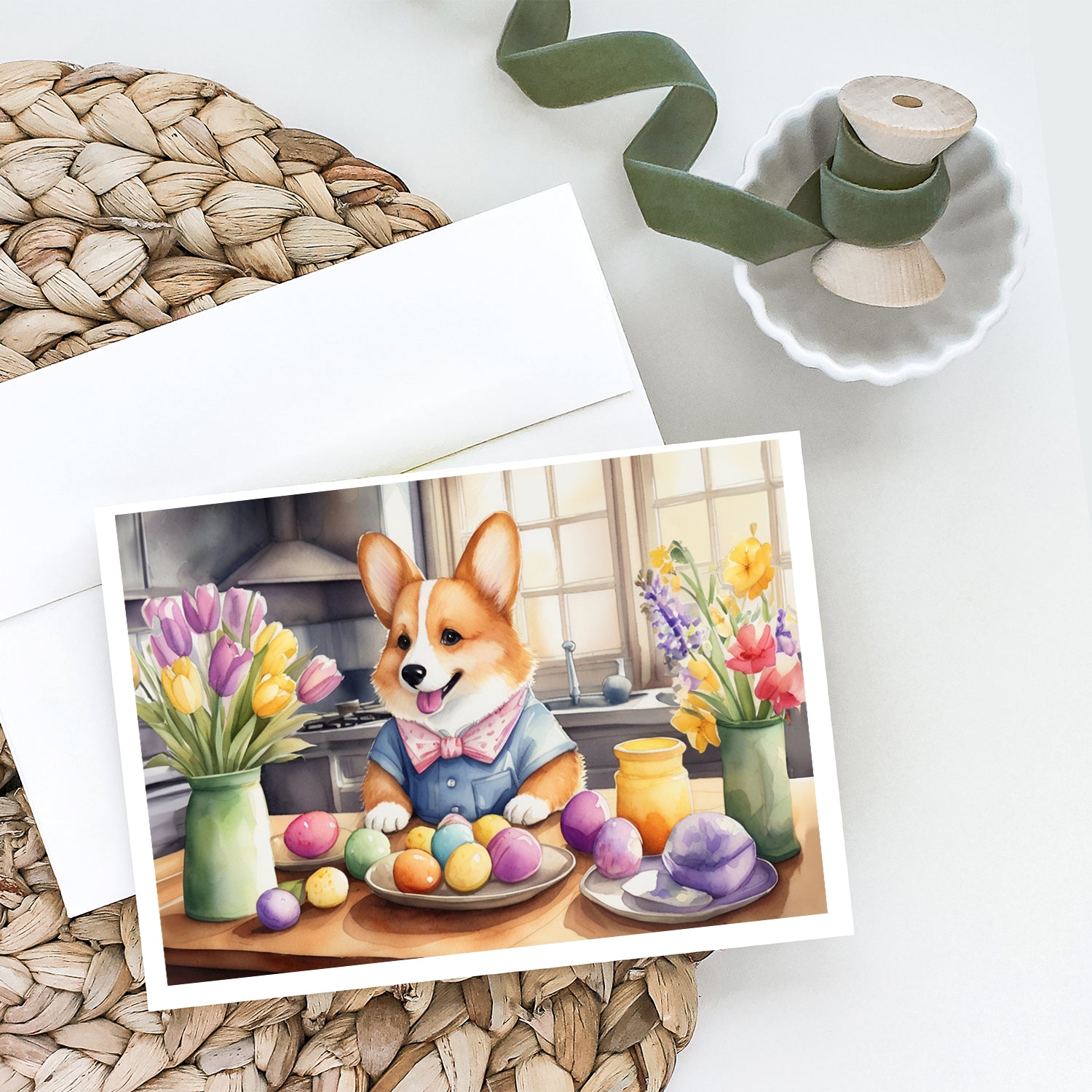 Decorating Easter Corgi Greeting Cards Pack of 8