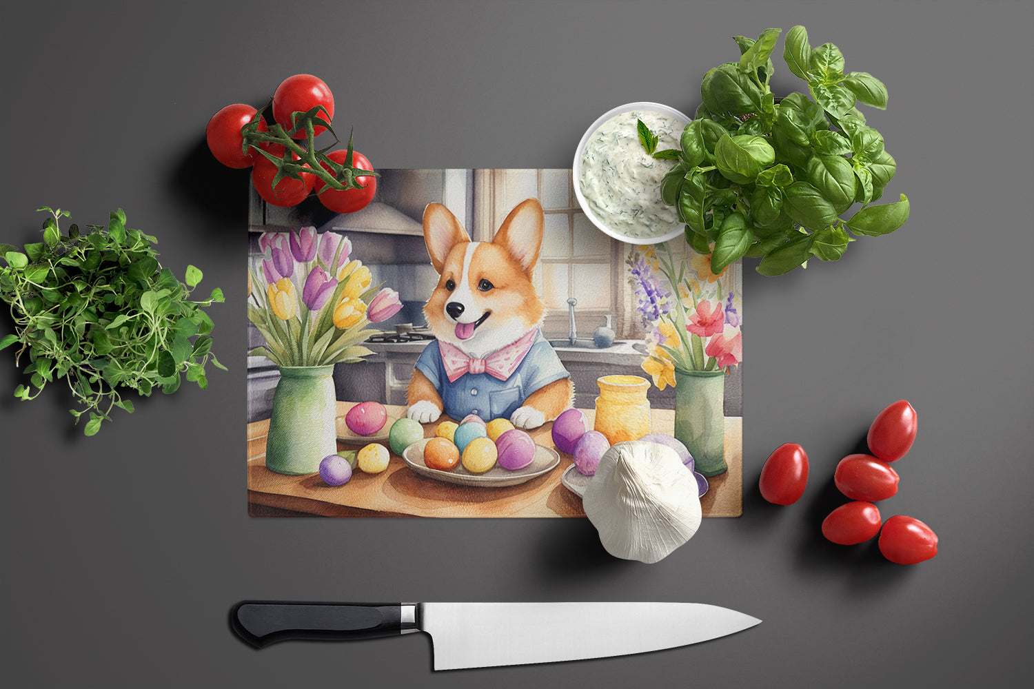 Decorating Easter Corgi Glass Cutting Board