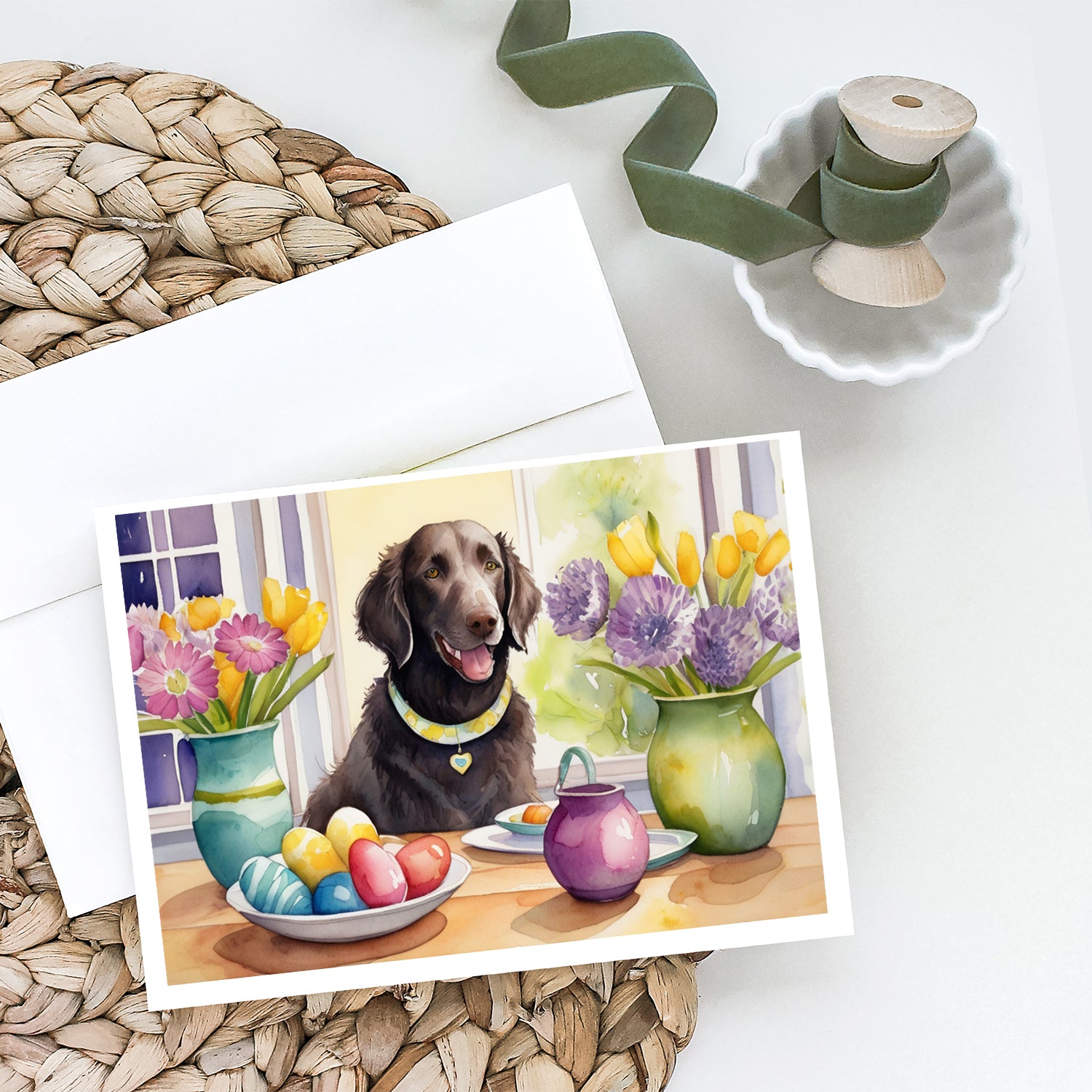 Buy this Decorating Easter Curly-Coated Retriever Greeting Cards Pack of 8