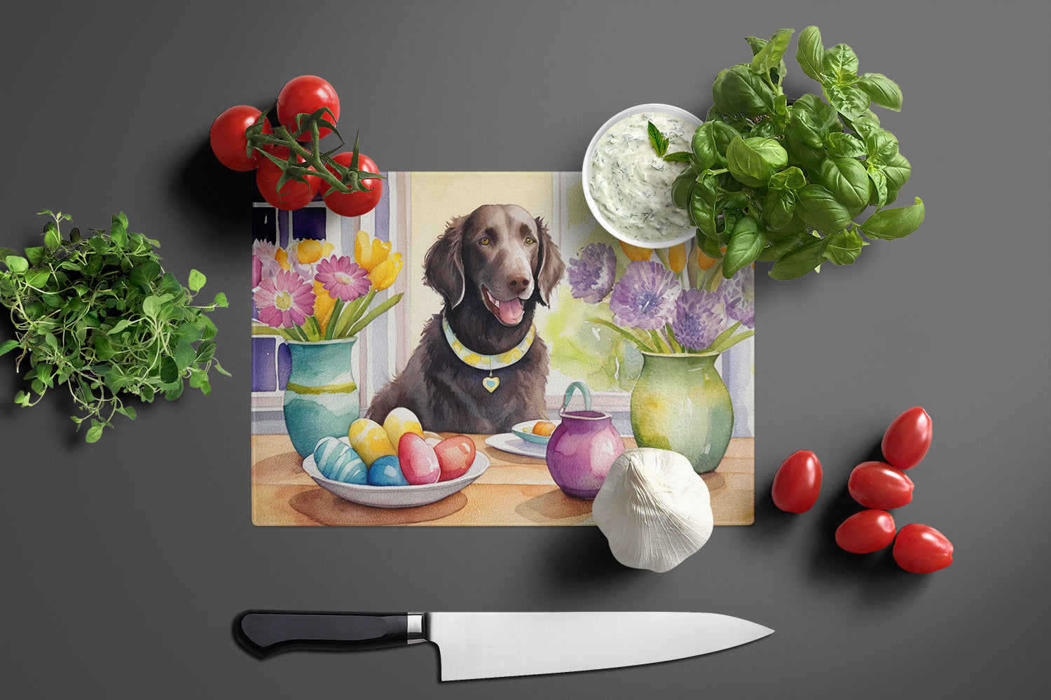 Decorating Easter Curly-Coated Retriever Glass Cutting Board