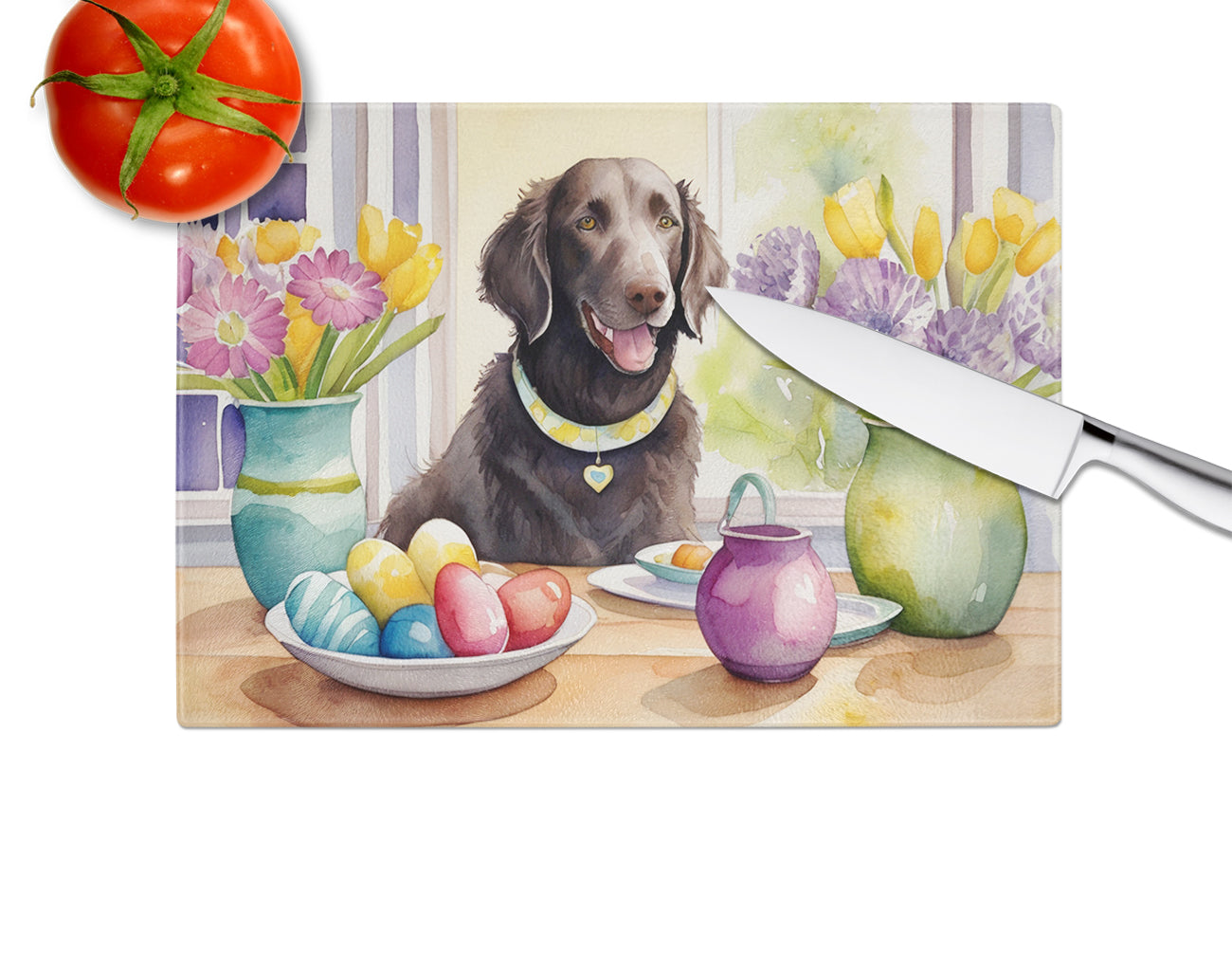 Decorating Easter Curly-Coated Retriever Glass Cutting Board