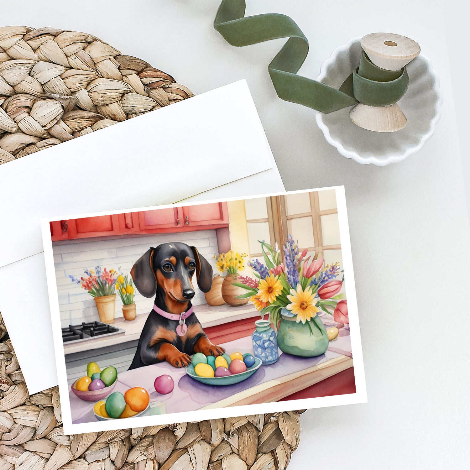 Buy this Decorating Easter Dachshund Greeting Cards Pack of 8