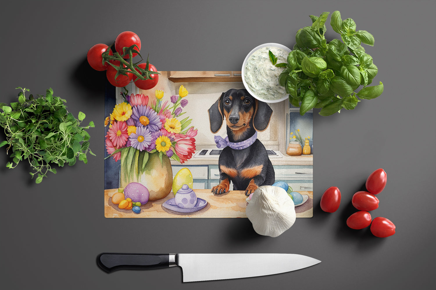 Decorating Easter Dachshund Glass Cutting Board