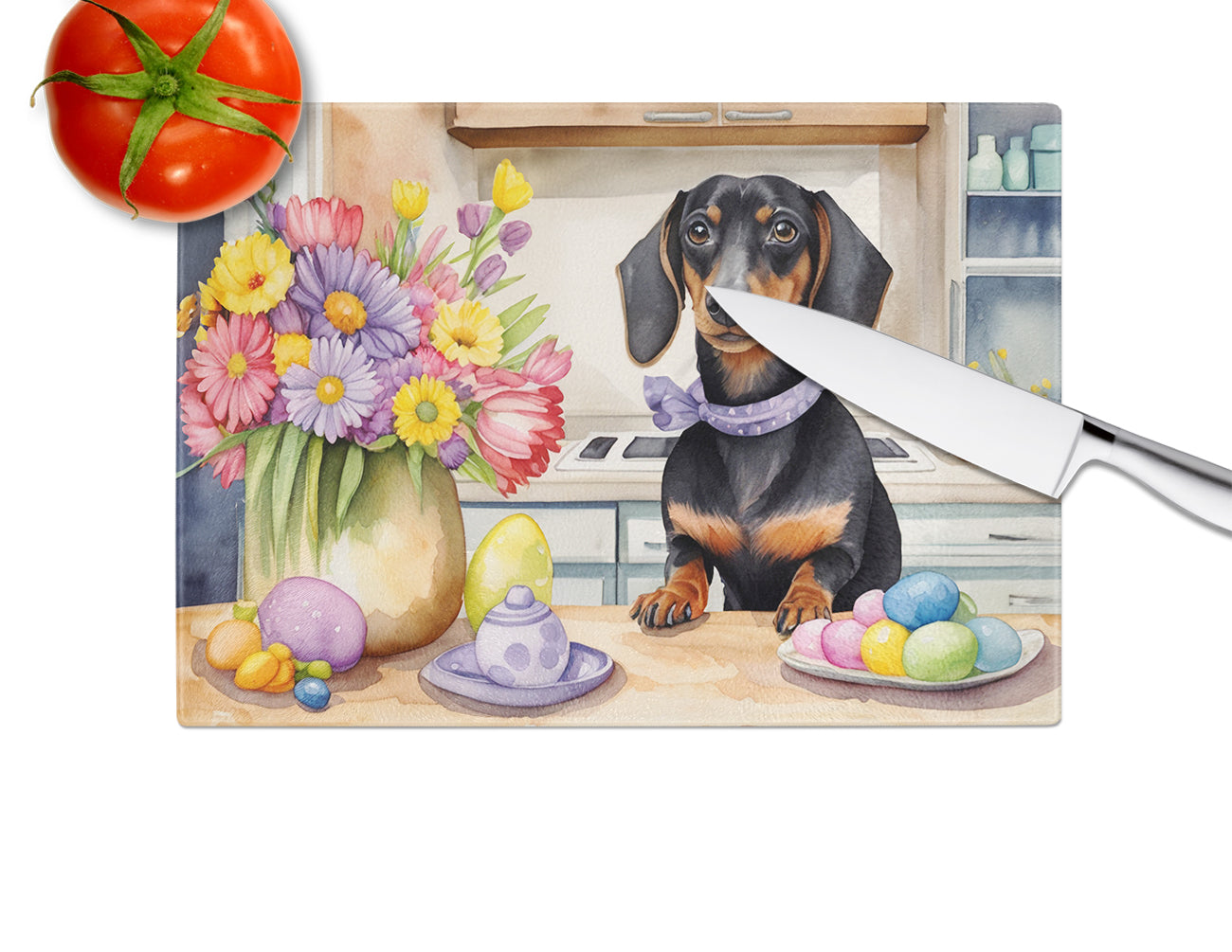 Decorating Easter Dachshund Glass Cutting Board