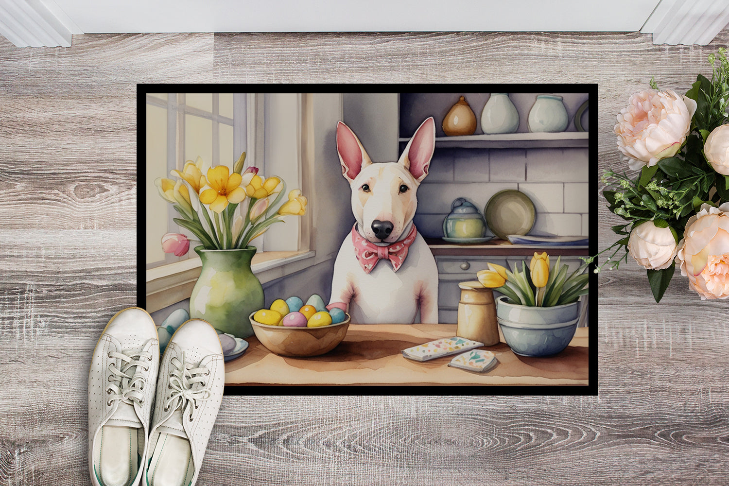 Decorating Easter English Bull Terrier Doormat