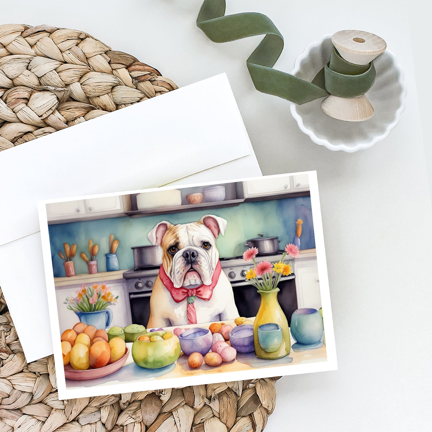 Buy this Decorating Easter English Bulldog Greeting Cards Pack of 8