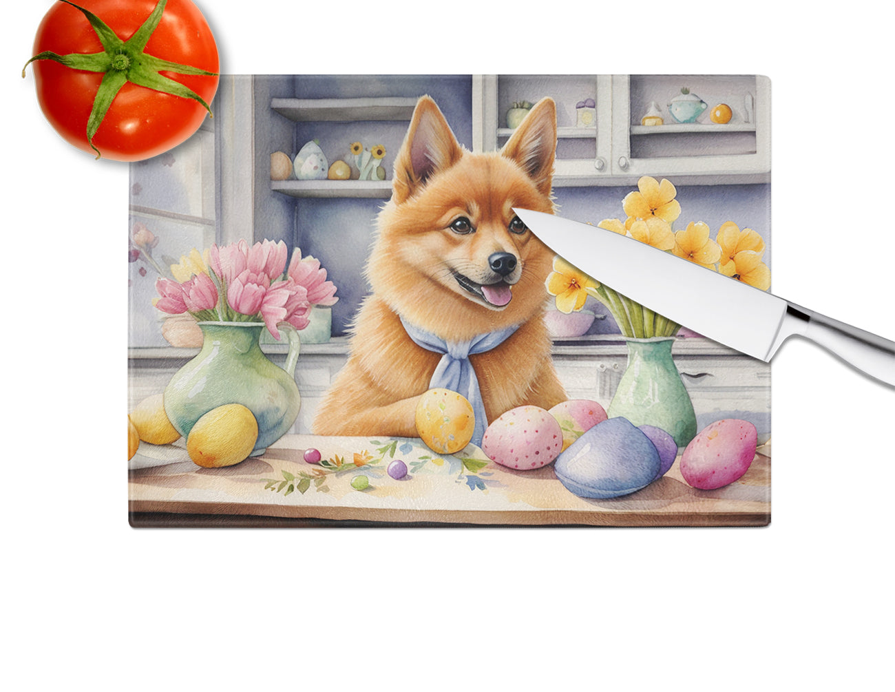 Decorating Easter Finnish Spitz Glass Cutting Board