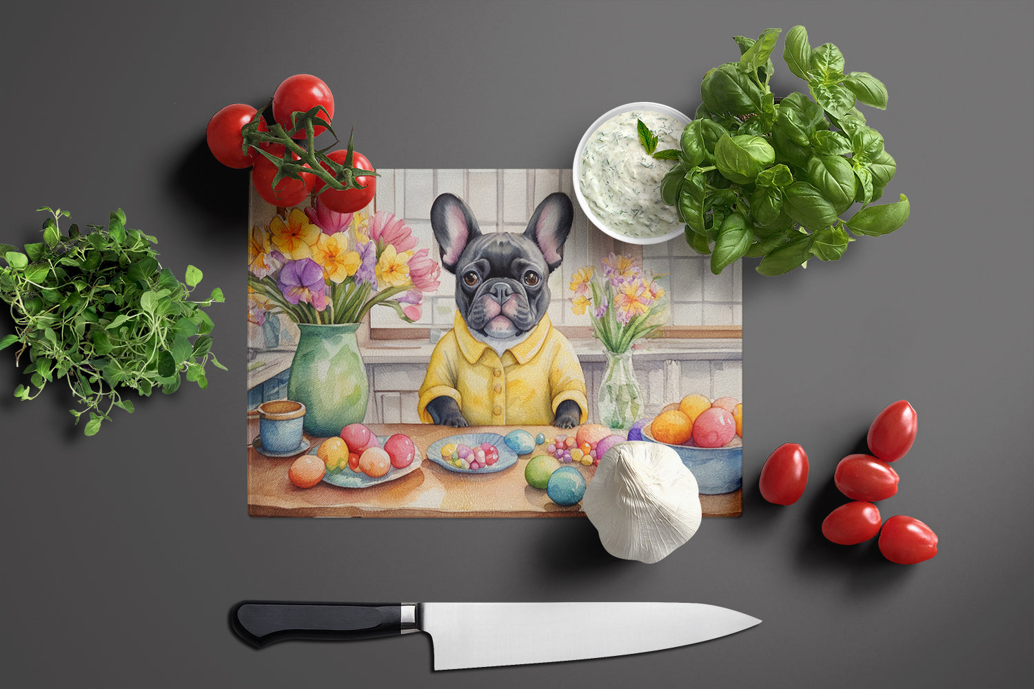 Decorating Easter French Bulldog Glass Cutting Board