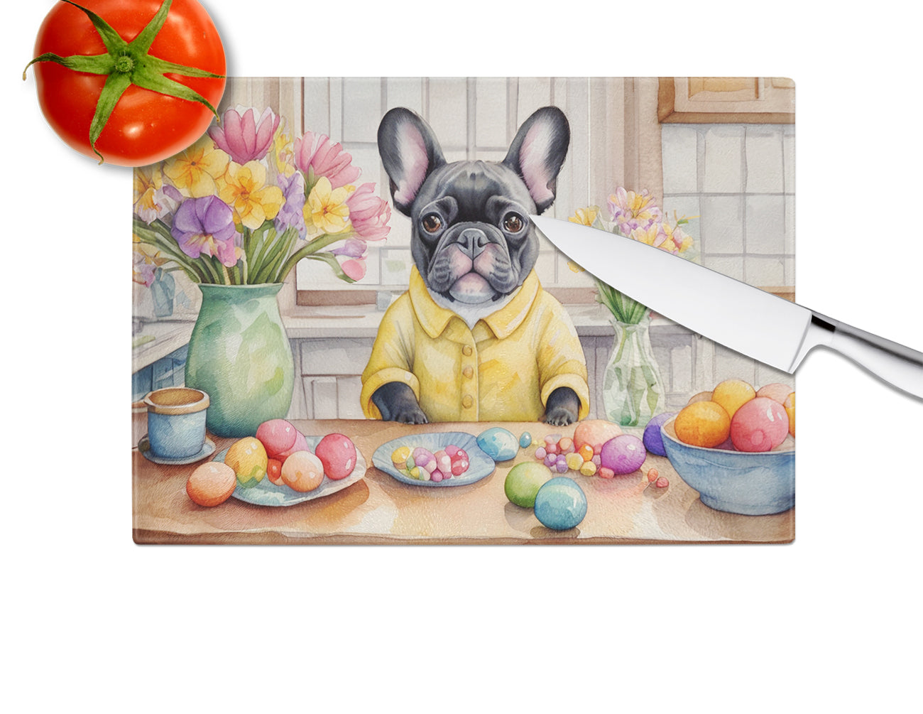 Decorating Easter French Bulldog Glass Cutting Board