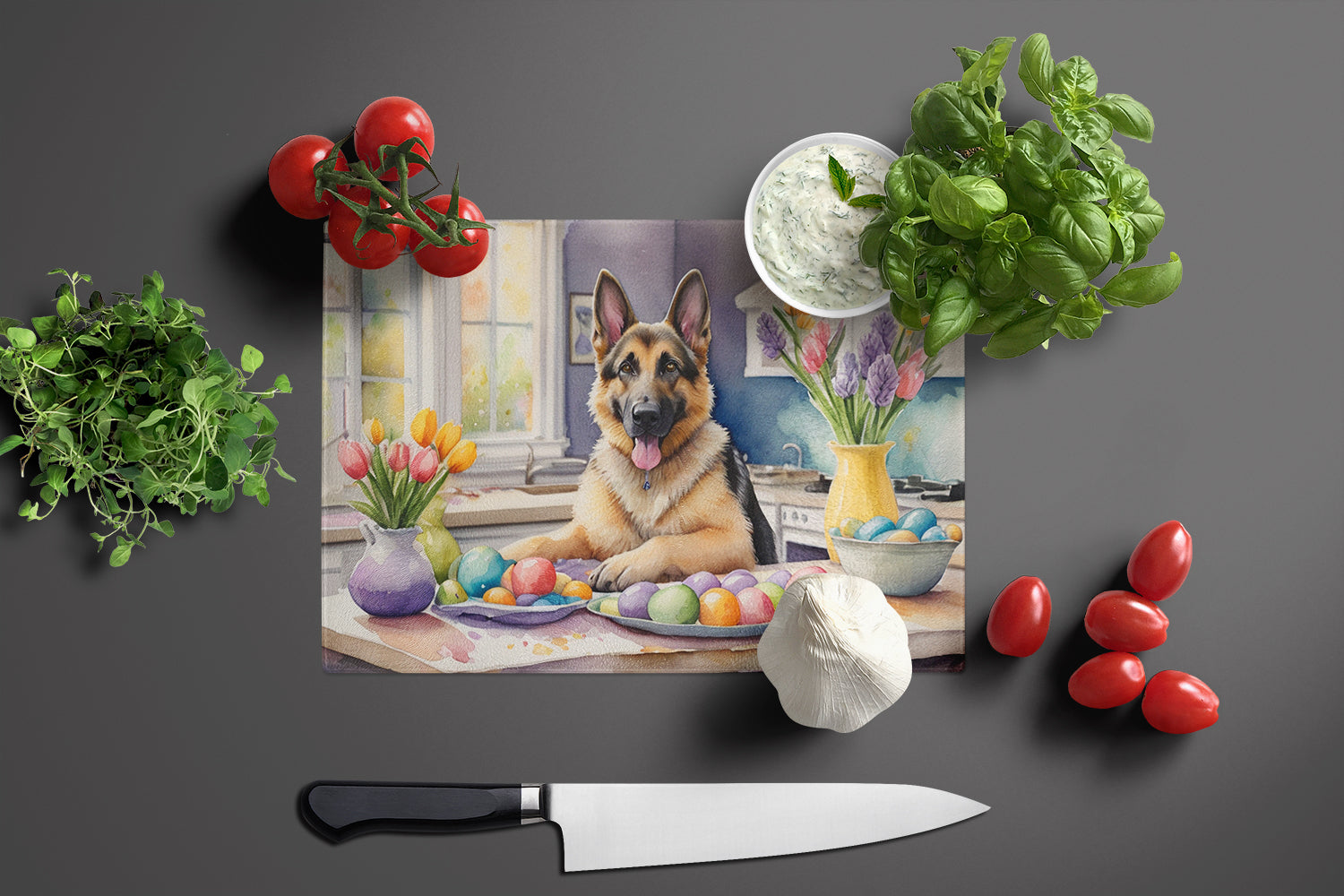 Decorating Easter German Shepherd Glass Cutting Board