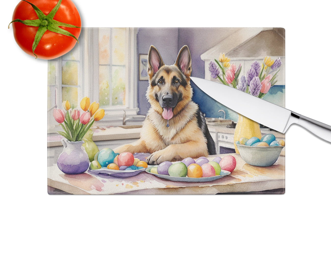 Decorating Easter German Shepherd Glass Cutting Board