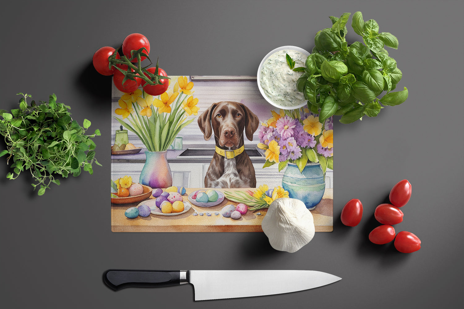 Decorating Easter German Shorthaired Pointer Glass Cutting Board