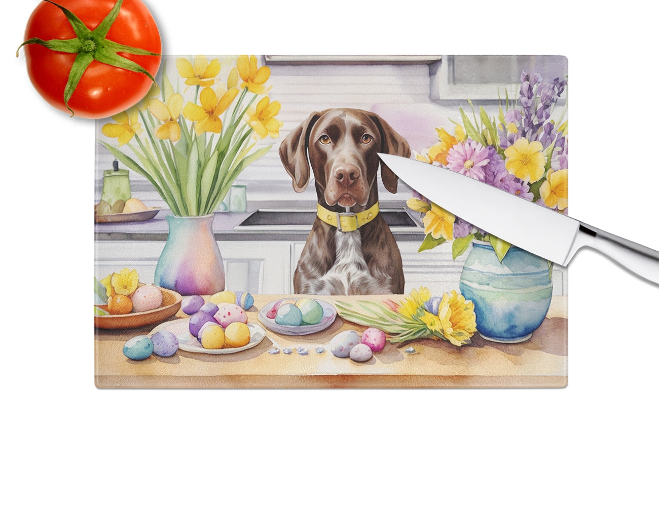 Decorating Easter German Shorthaired Pointer Glass Cutting Board