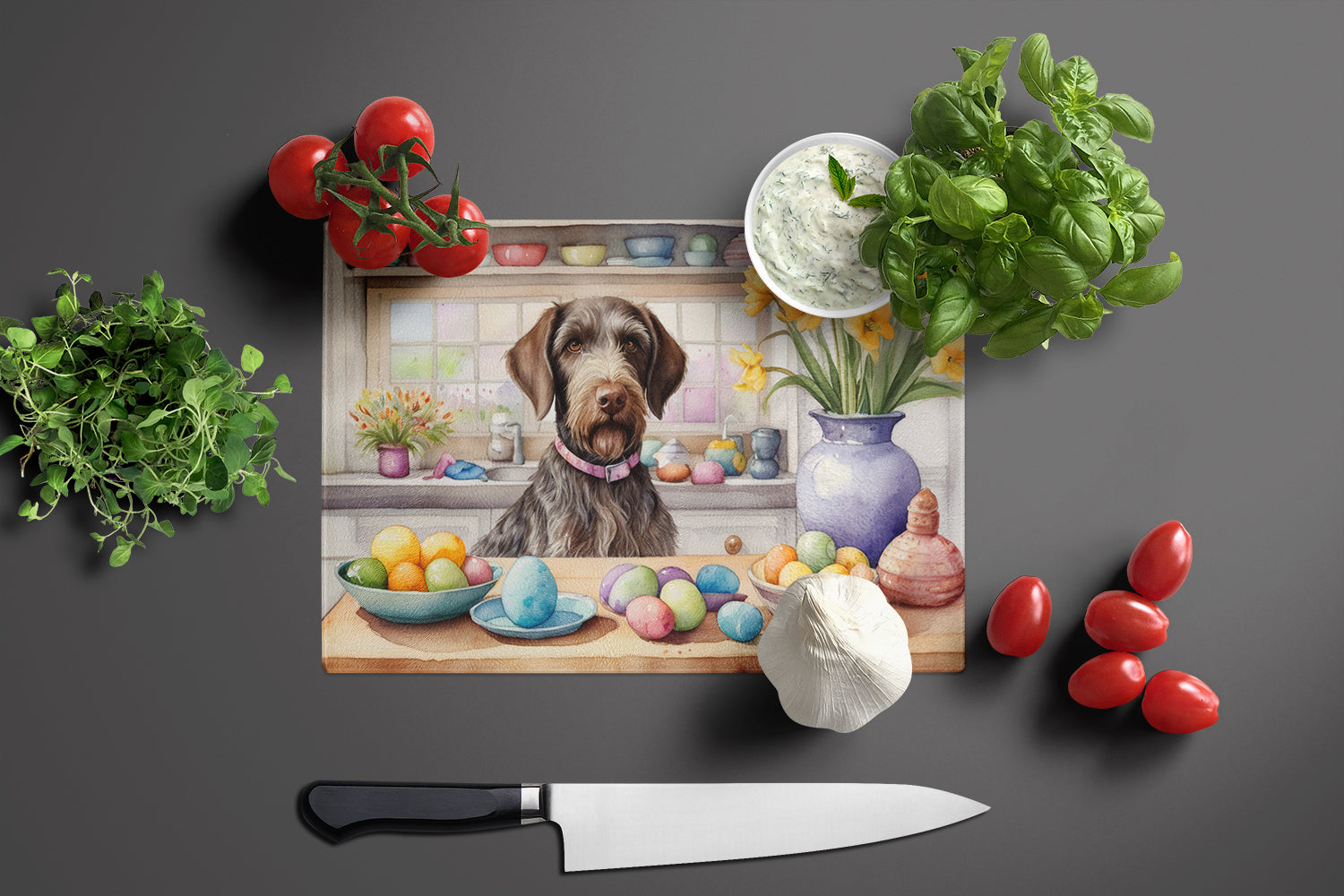 Decorating Easter German Wirehaired Pointer Glass Cutting Board