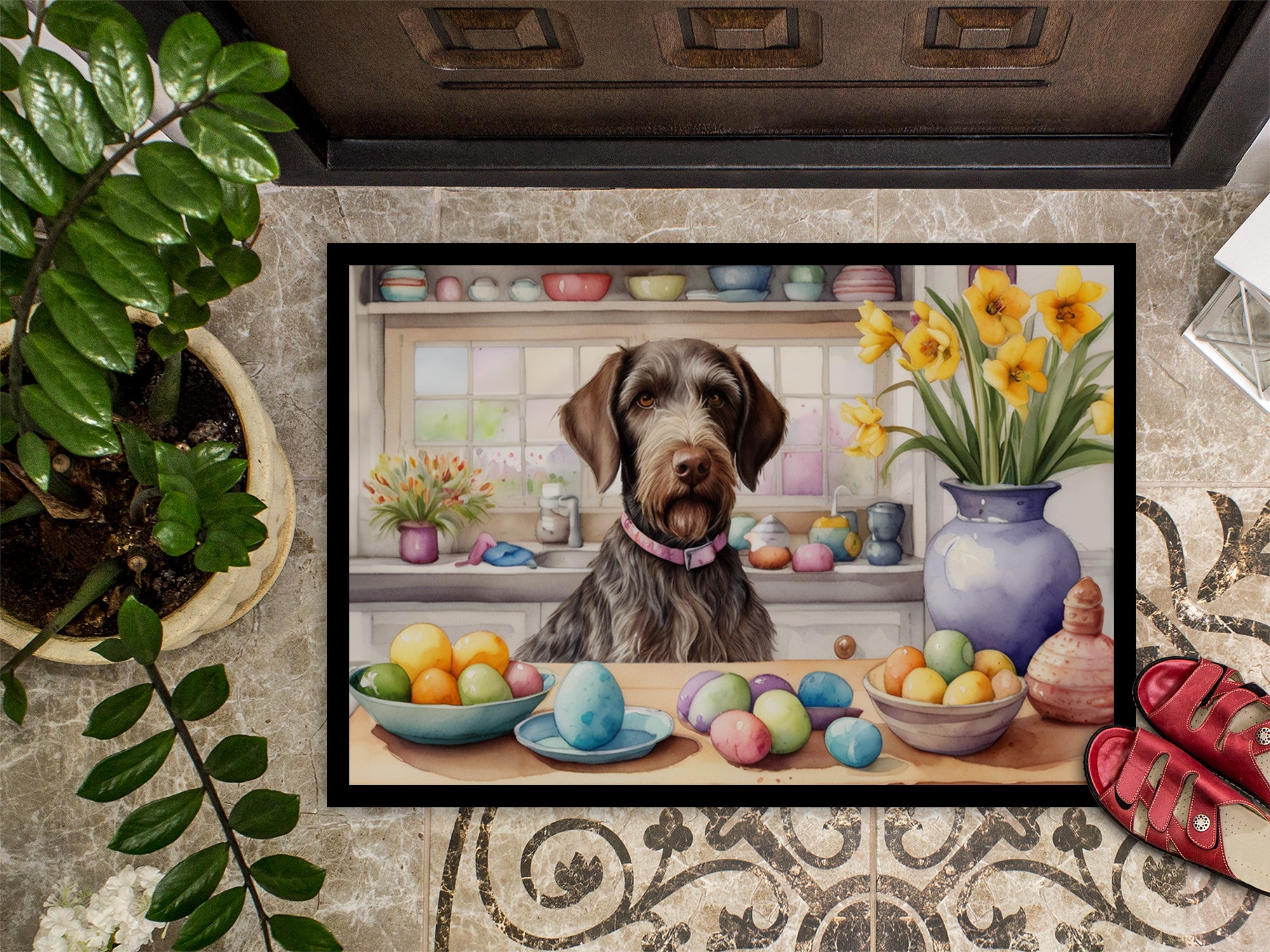 Decorating Easter German Wirehaired Pointer Doormat