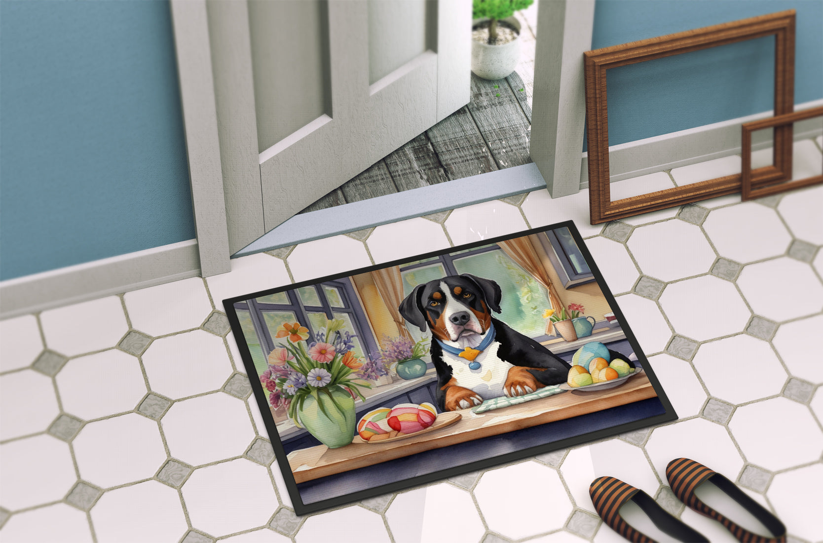 Decorating Easter Greater Swiss Mountain Dog Doormat