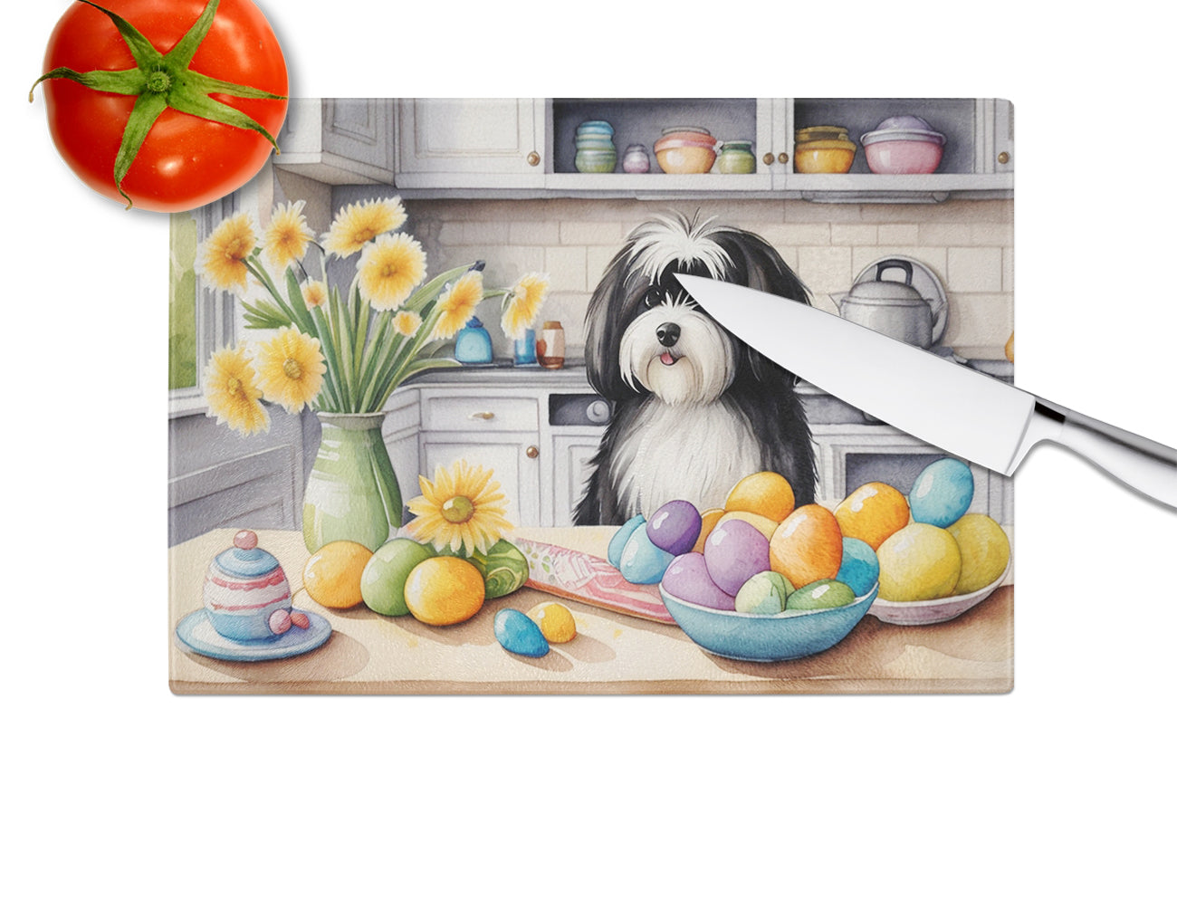 Decorating Easter Havanese Glass Cutting Board