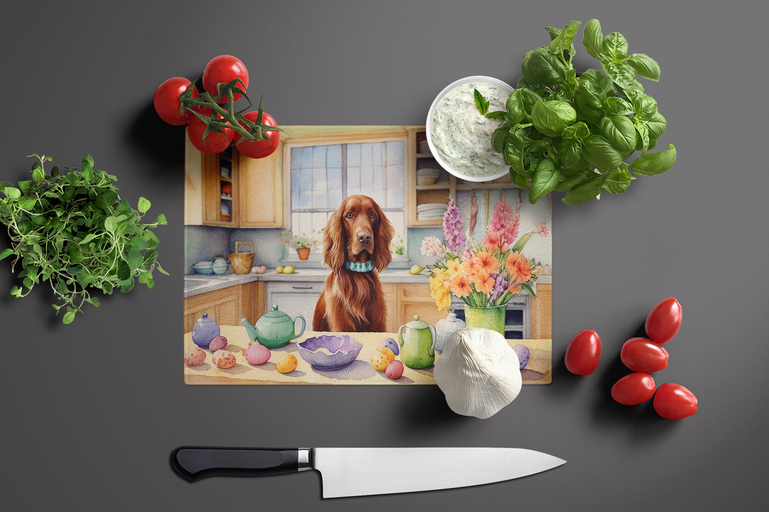 Decorating Easter Irish Setter Glass Cutting Board