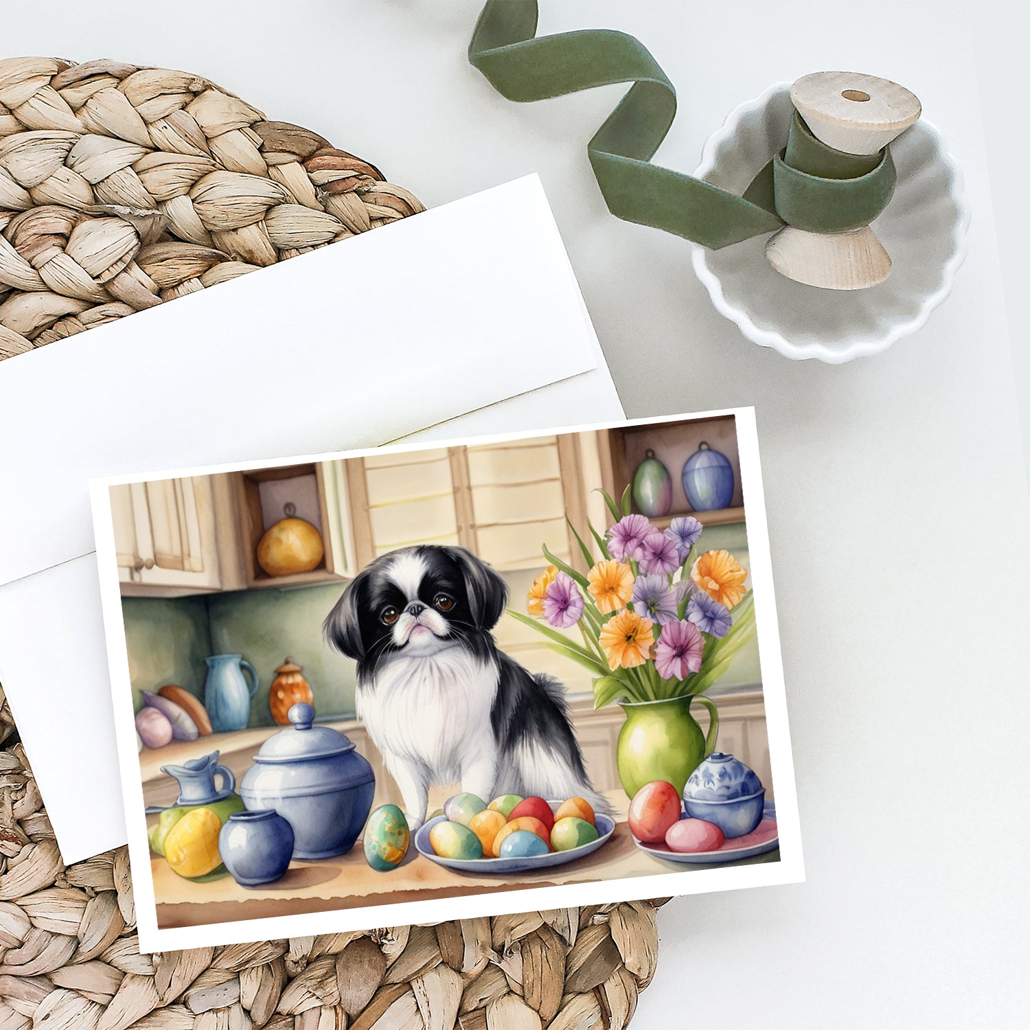 Buy this Decorating Easter Japanese Chin Greeting Cards Pack of 8