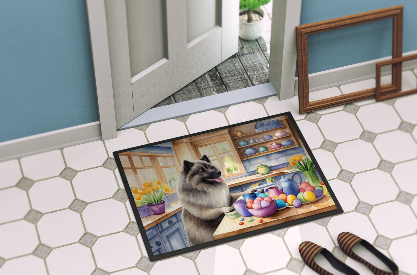 Decorating Easter Keeshond Doormat